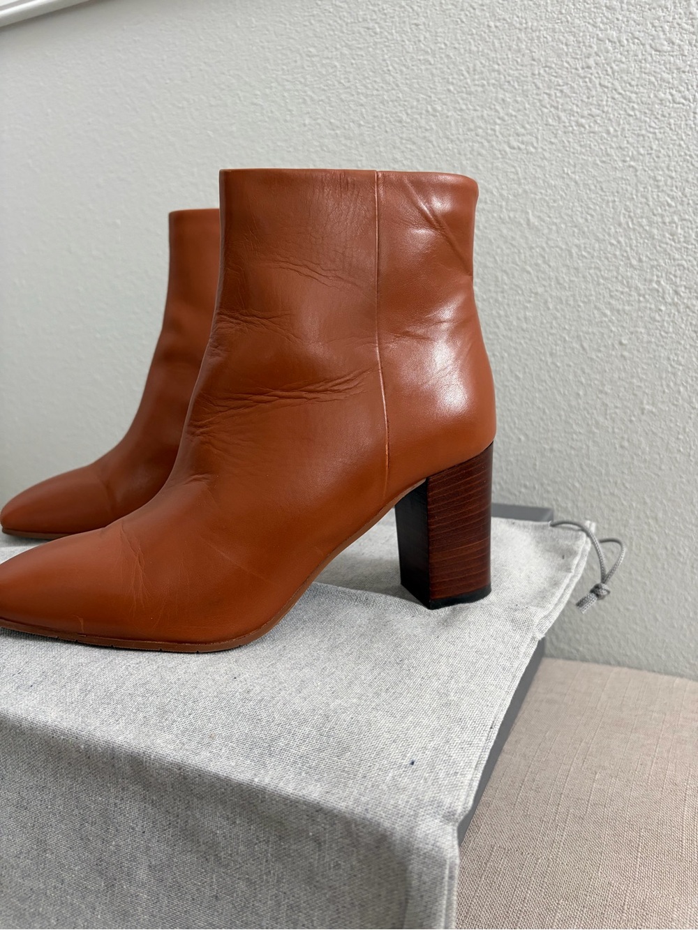 Women's Cognac Leather Block Heel Ankle Boots